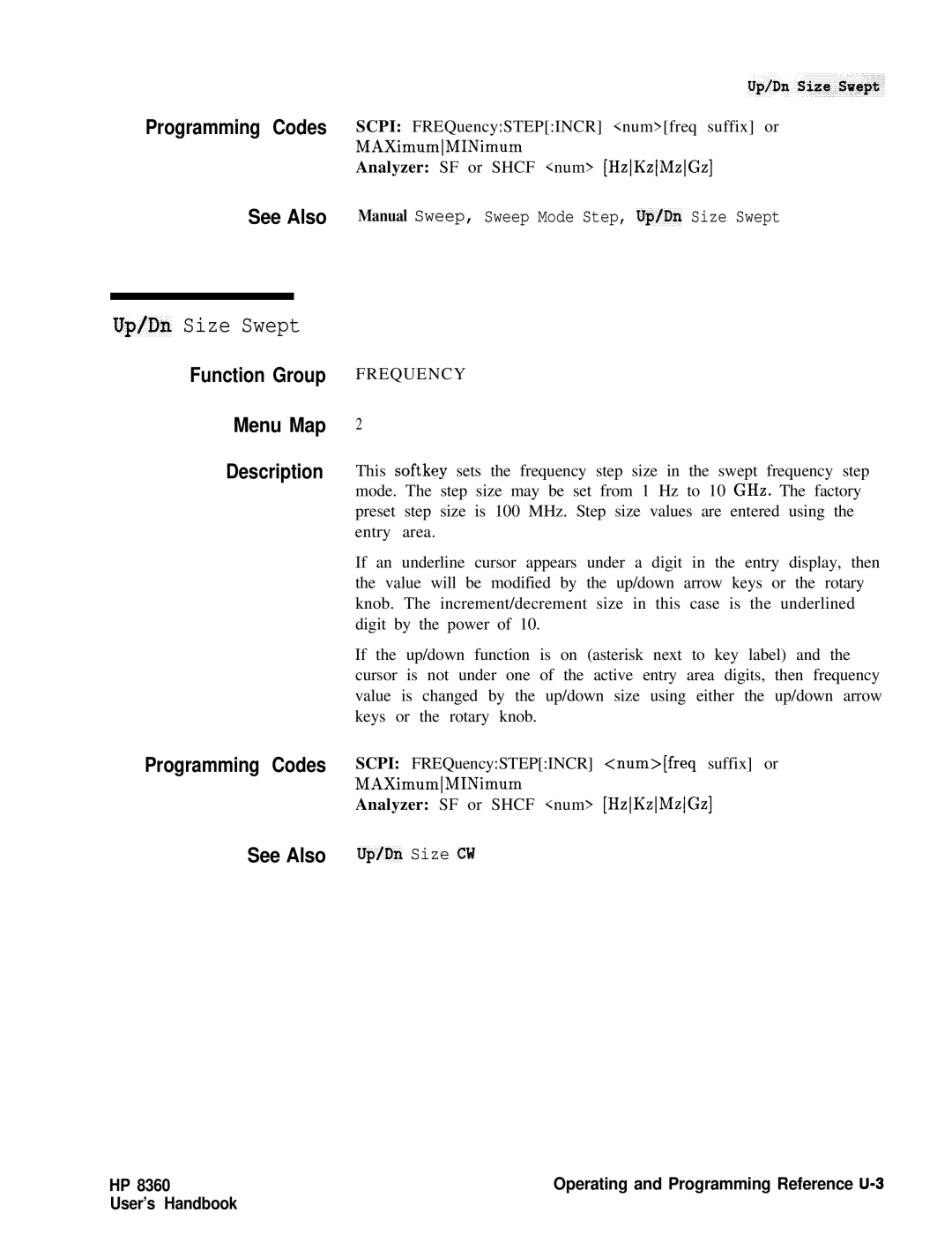 HP 8360 manual Up/Dn Size Swept, Frequency 