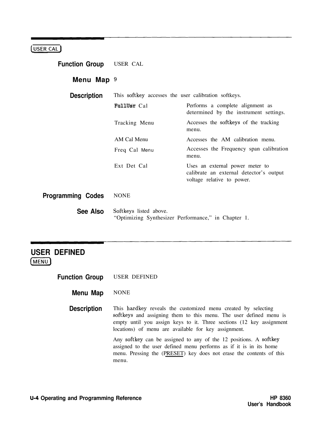 HP 8360 manual User Defined Giij, Function Group User CAL Menu Map 