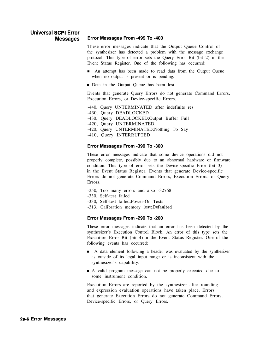 HP 8360 manual Universal Scpi Error Messages, Error Messages From -499 To, Error Messages From -399 To, 2a-6 Error Messages 