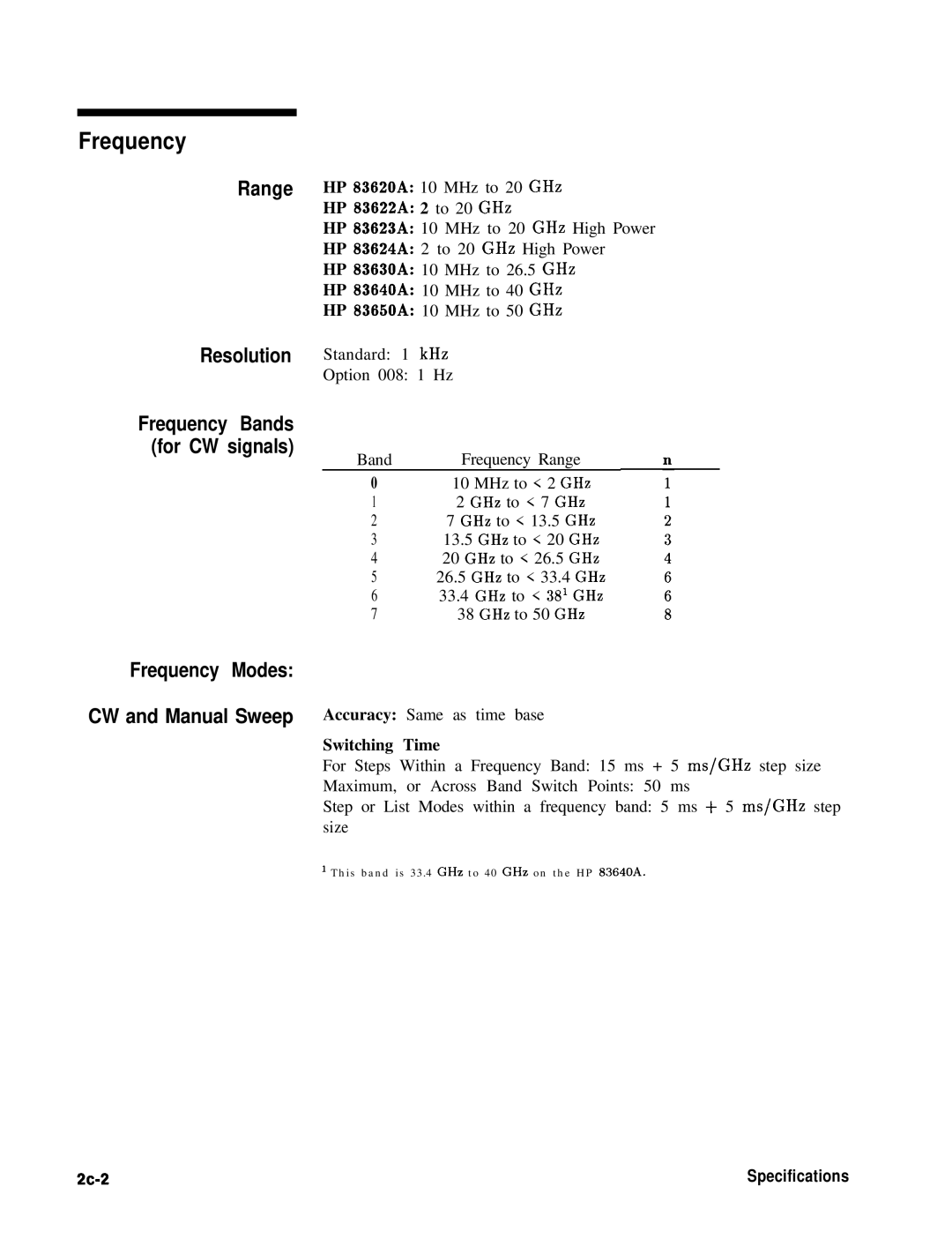 HP 8360 manual Range Resolution, Frequency Modes CW and Manual Sweep, Frequency Bands for CW signals 