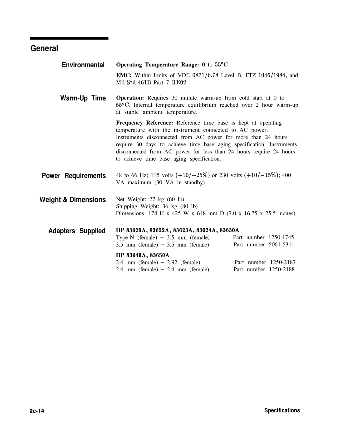 HP 8360 manual General, Environmental, ~14 