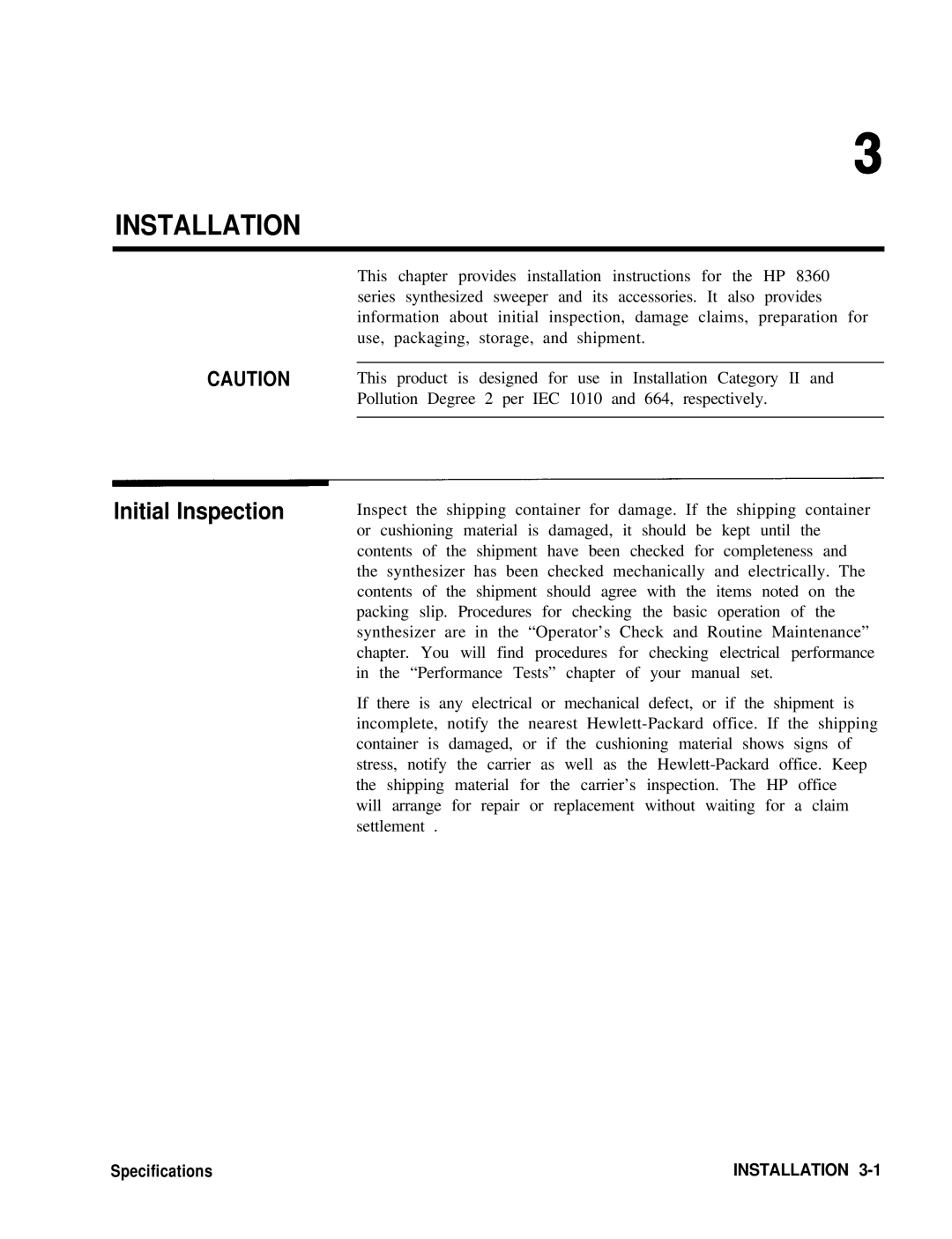 HP 8360 manual Installation, Initial Inspection 