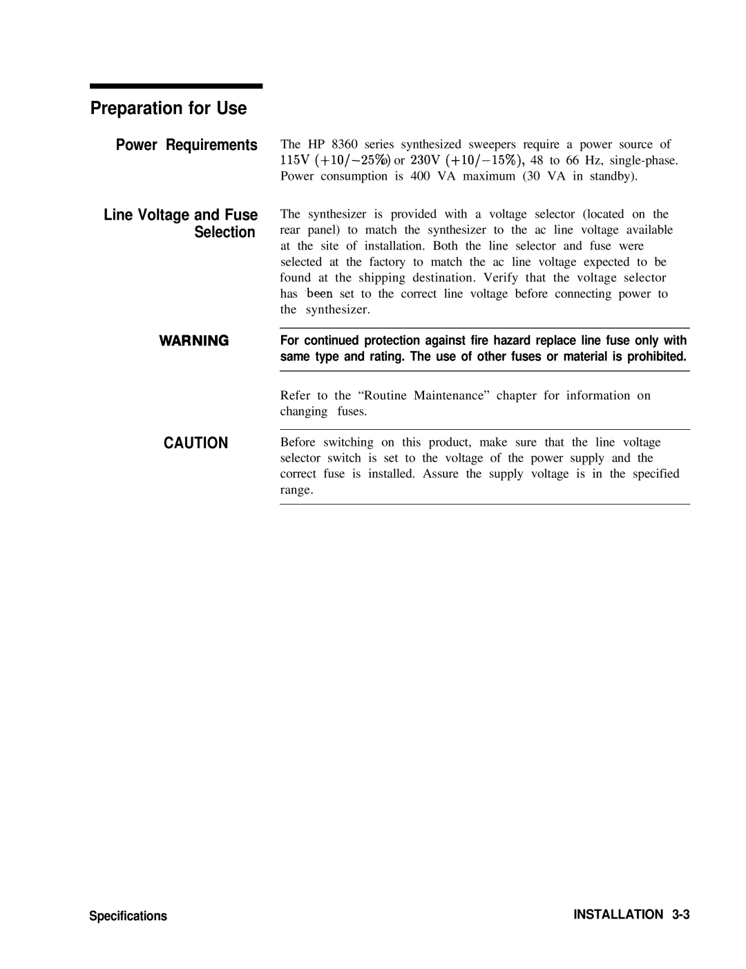 HP 8360 manual Preparation for Use, Line Voltage and Fuse Selection 