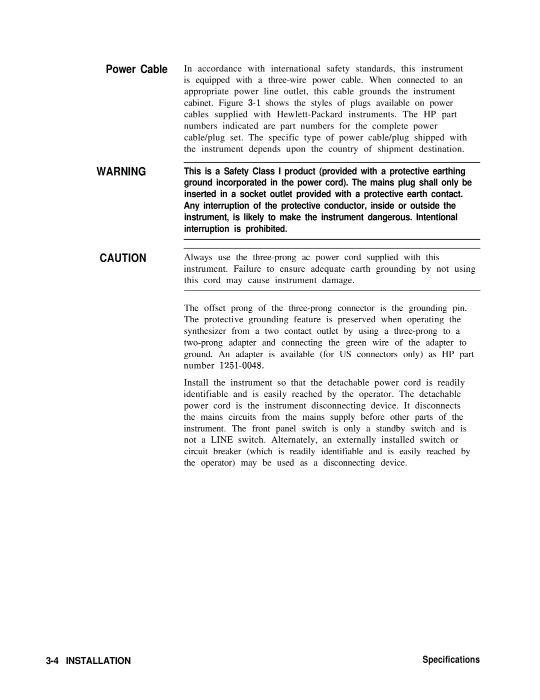 HP 8360 manual Power Cable 