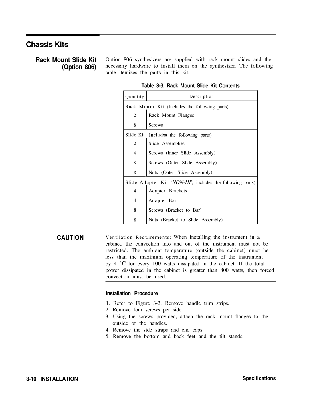 HP 8360 manual Chassis Kits, Rack Mount Slide Kit Contents, Installation Procedure 