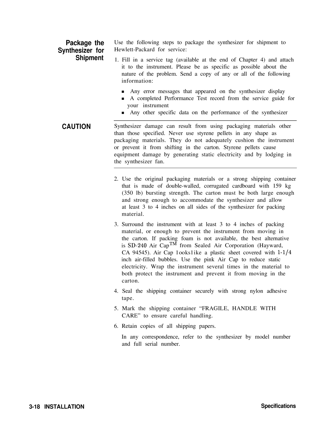 HP 8360 manual Package the Synthesizer for Shipment 