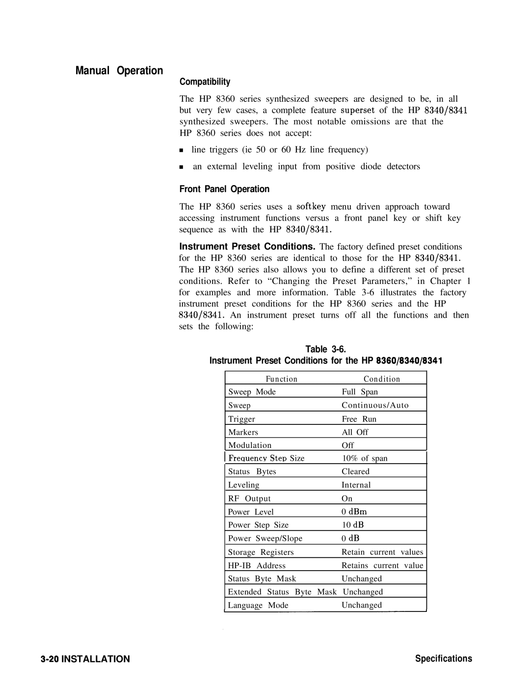 HP 8360 Manual Operation, Compatibility, Front Panel Operation, Instrument Preset Conditions for the HP 6360/8340/8341 