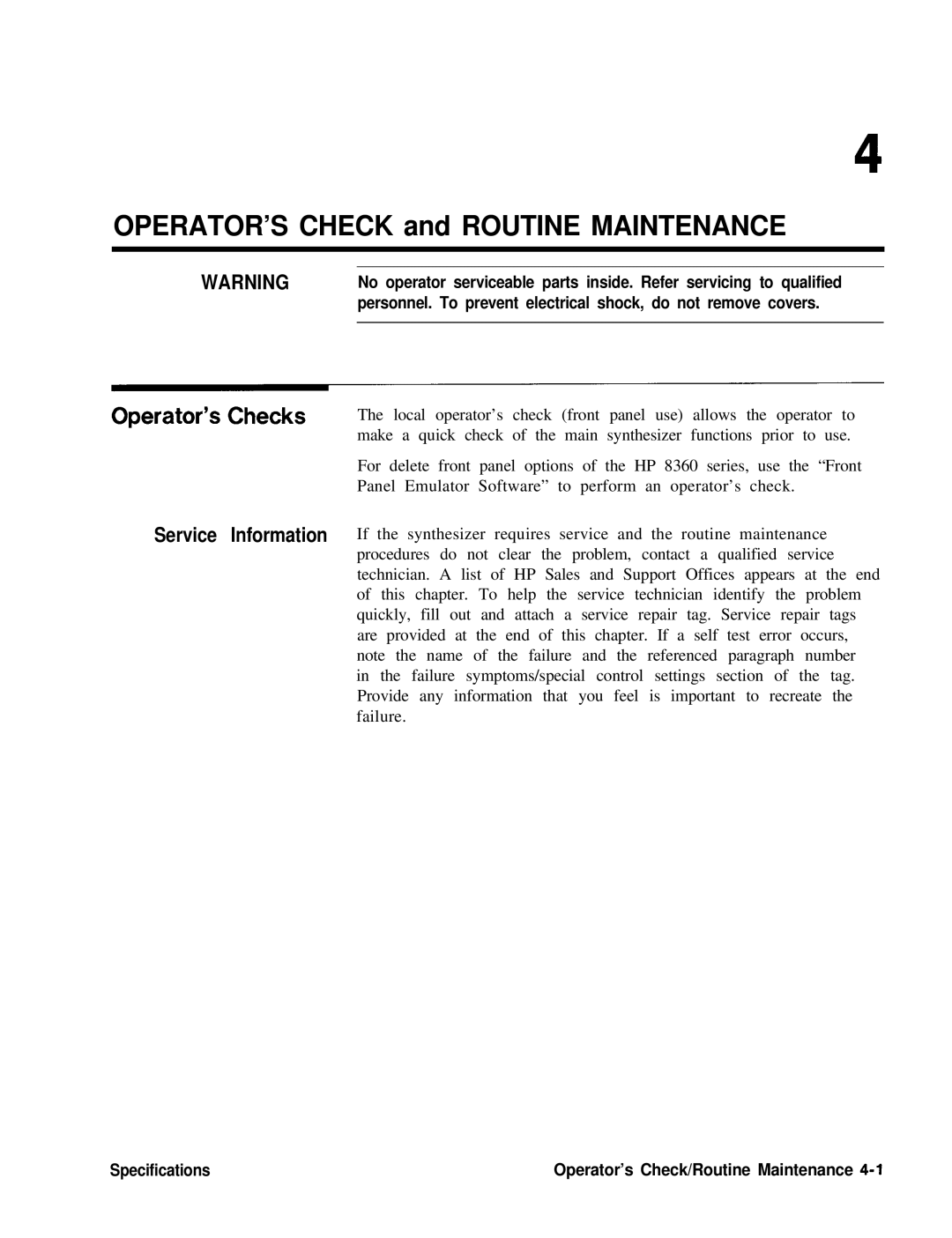 HP 8360 manual Operator’s Checks, Service Information 