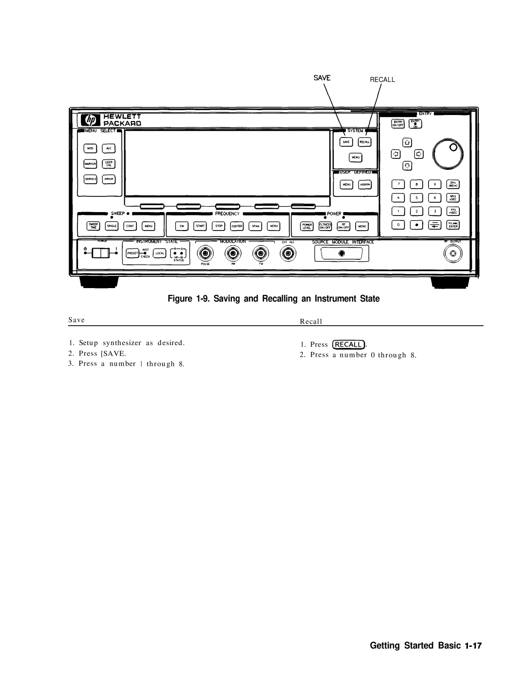 HP 8360 manual Saving and Recalling an Instrument State, Getting Started Basic l-17 