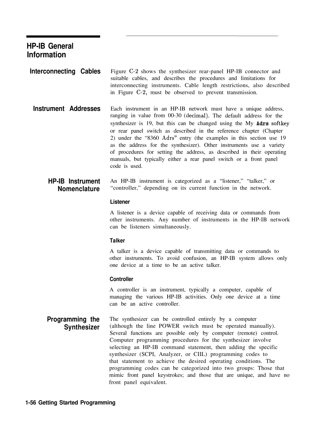 HP 8360 manual HP-IB General Information, Interconnecting Cables, Programming the Synthesizer 