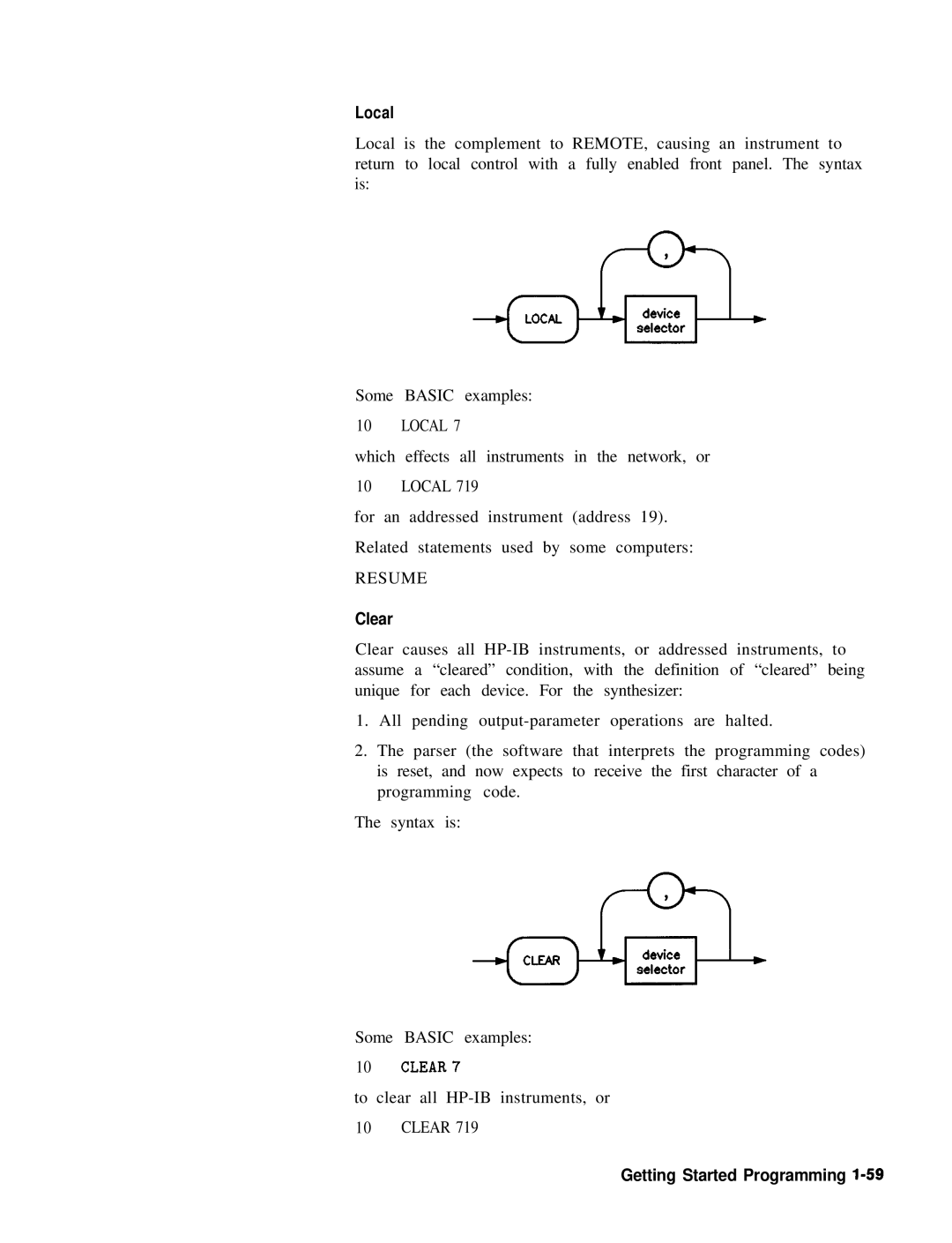 HP 8360 manual Local, Clear, CLEAR7, Getting Started Programming l-59 