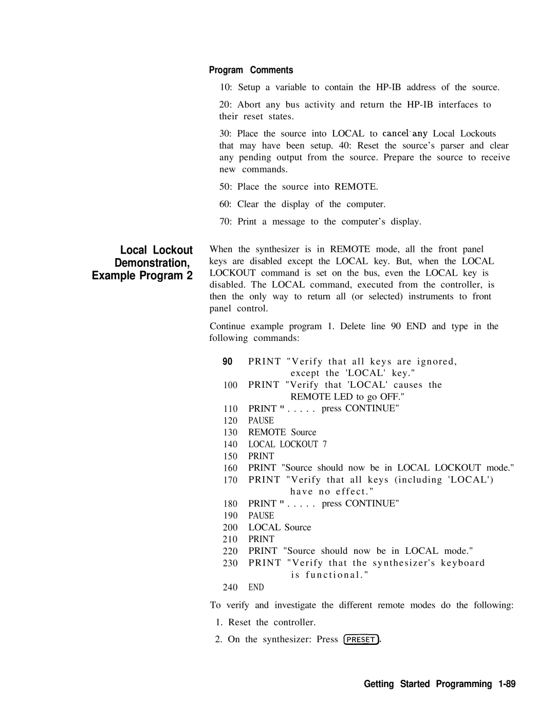 HP 22A, 83620A, 24A manual Local Lockout Demonstration Example Program, Program Comments, Pause, Local Lockout Print 