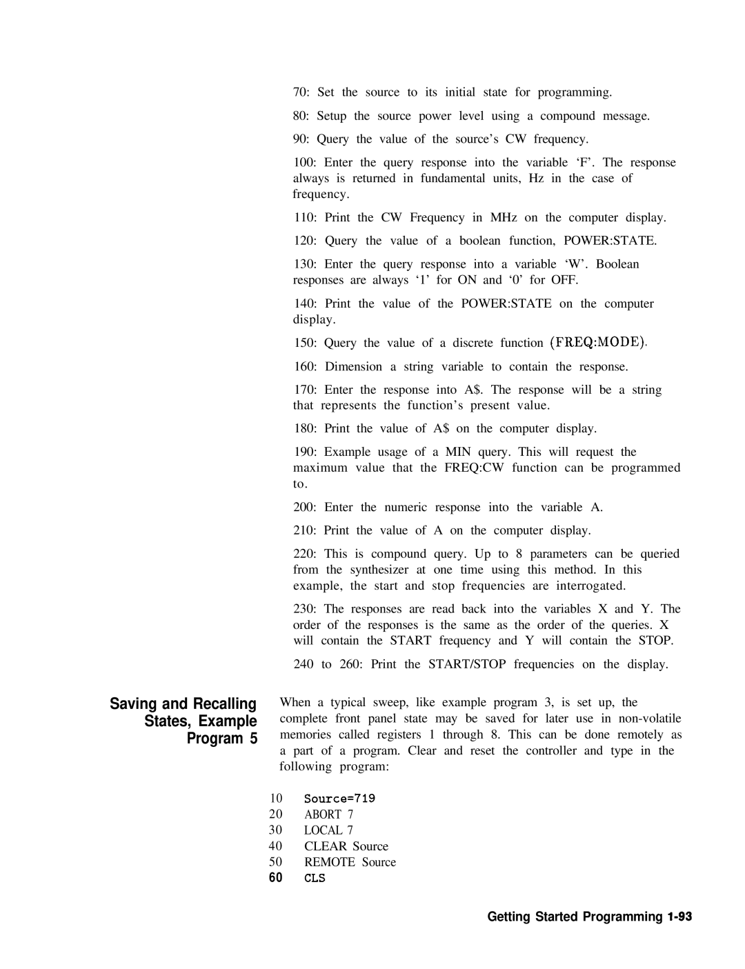 HP 83620A, 24A, 22A manual Saving and Recalling States, Example Program, Getting Started Programming l-93 