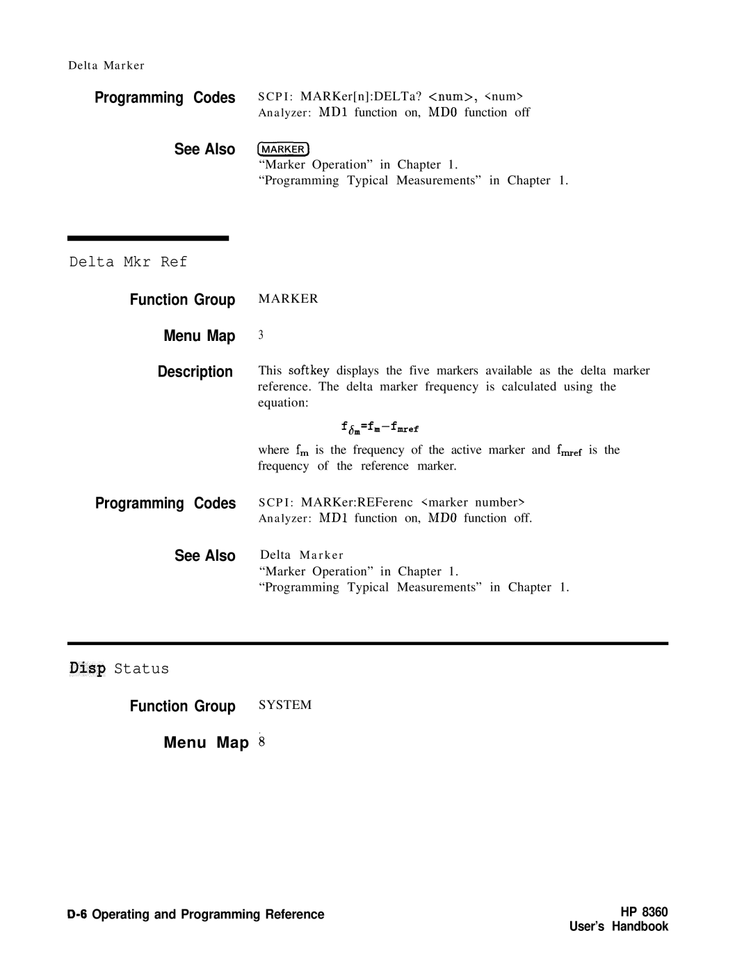 HP 24A, 83620A, 22A manual Delta Mkr Ref, Disp Status, Function Group System Menu Map k, Marker 