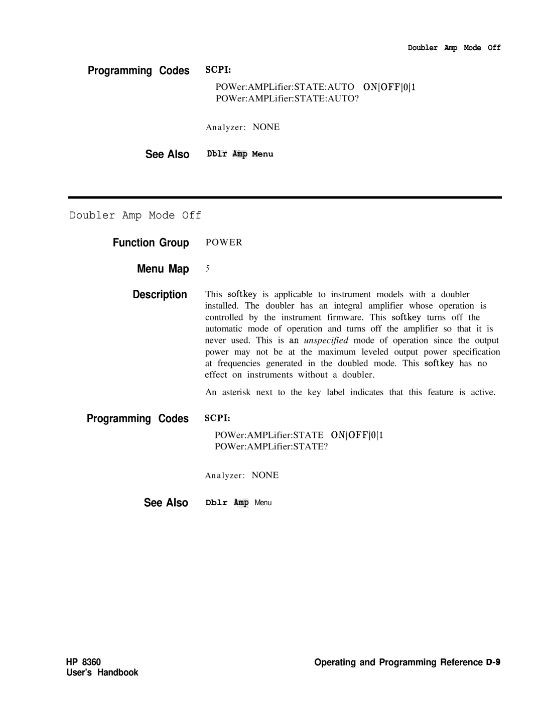 HP 24A, 83620A, 22A manual Doubler Amp Mode Off, See Also Dblr hnp Menu 