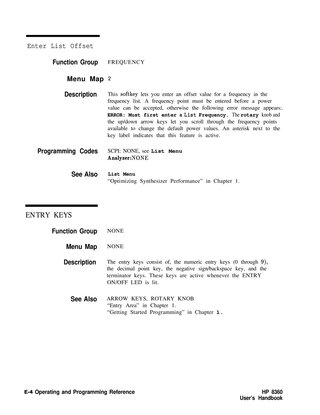 HP 83620A, 24A, 22A manual Entry Keys, Enter List Offset 