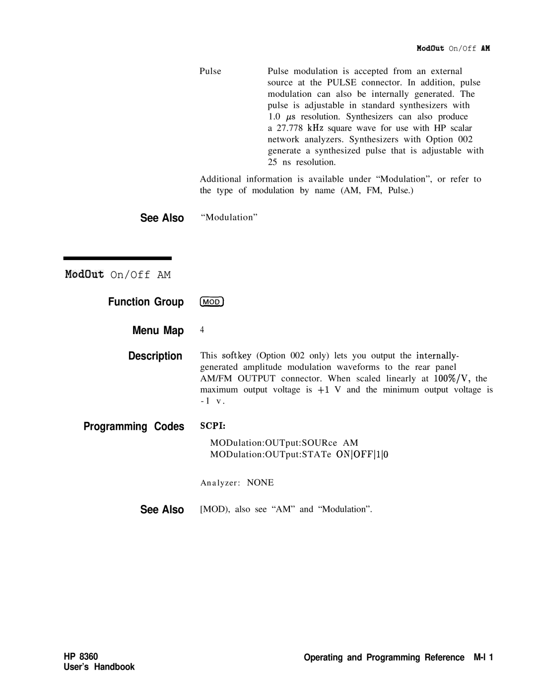 HP 22A, 83620A, 24A manual ModOut On/Off AM, Programming Codes Scpi 