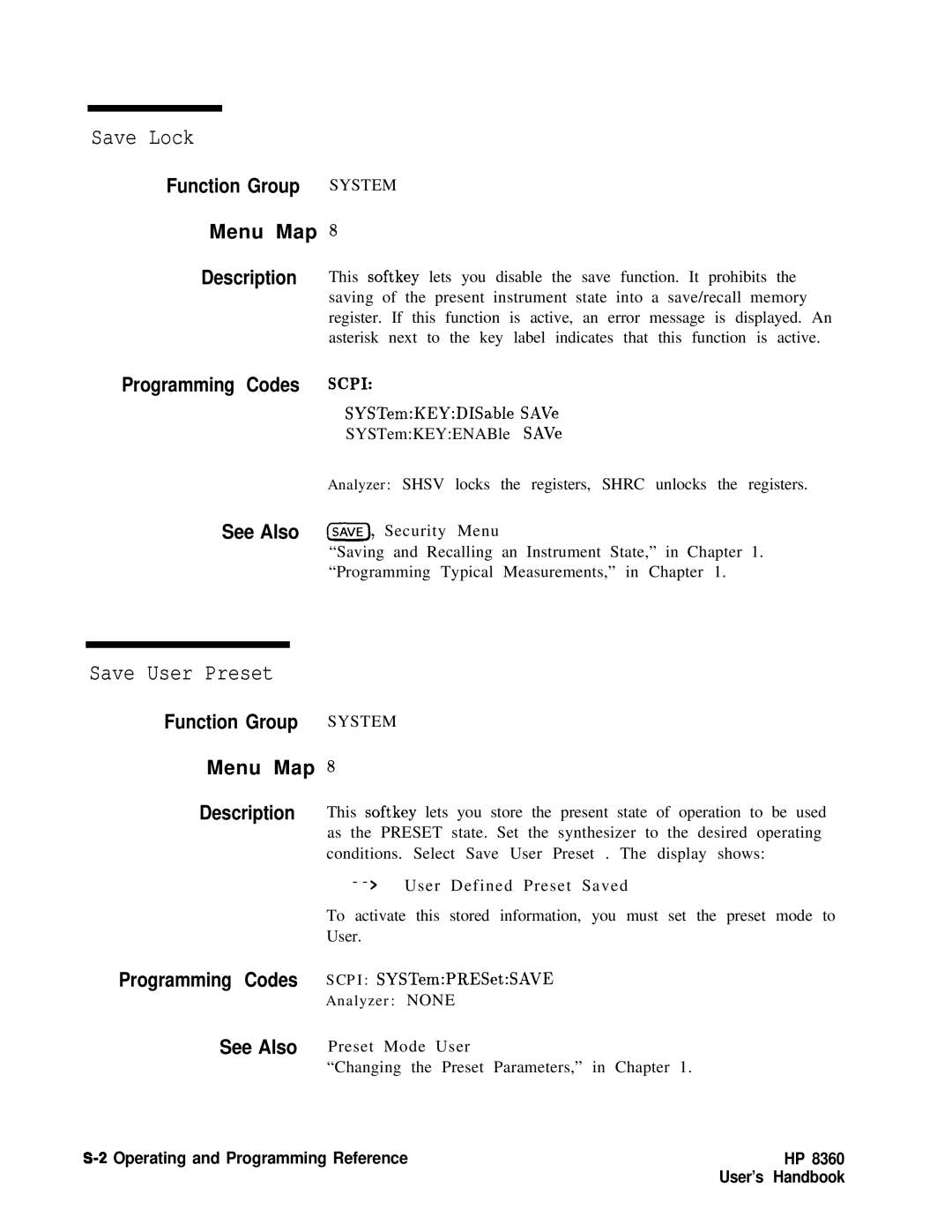 HP 24A, 83620A, 22A manual Save Lock, Save User Preset 