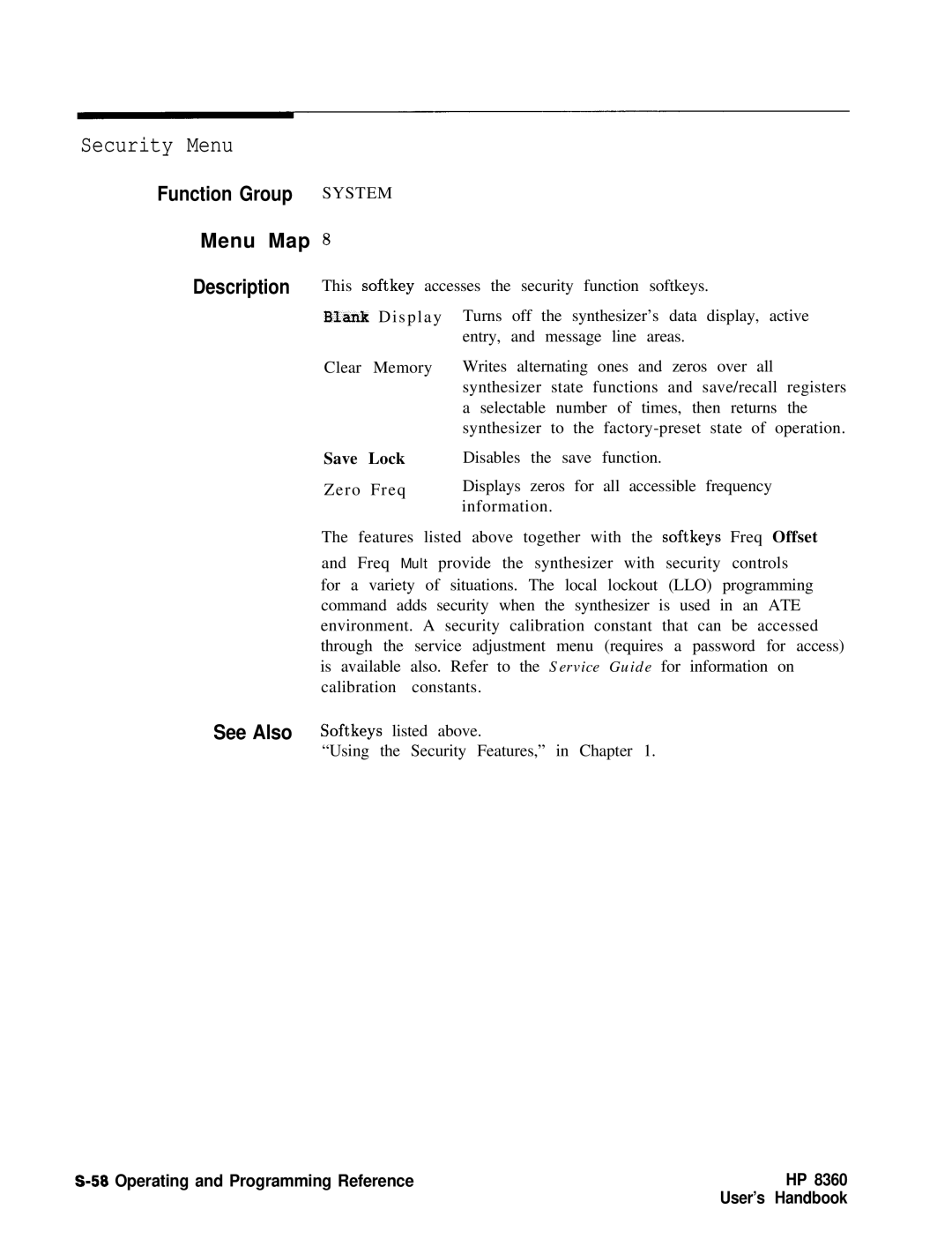 HP 22A, 83620A, 24A manual Security Menu, Save Lock 