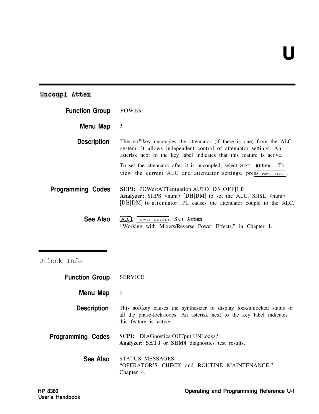 HP 83620A, 24A, 22A manual Uncoupl Atten, Unlock Info, Status Messages 