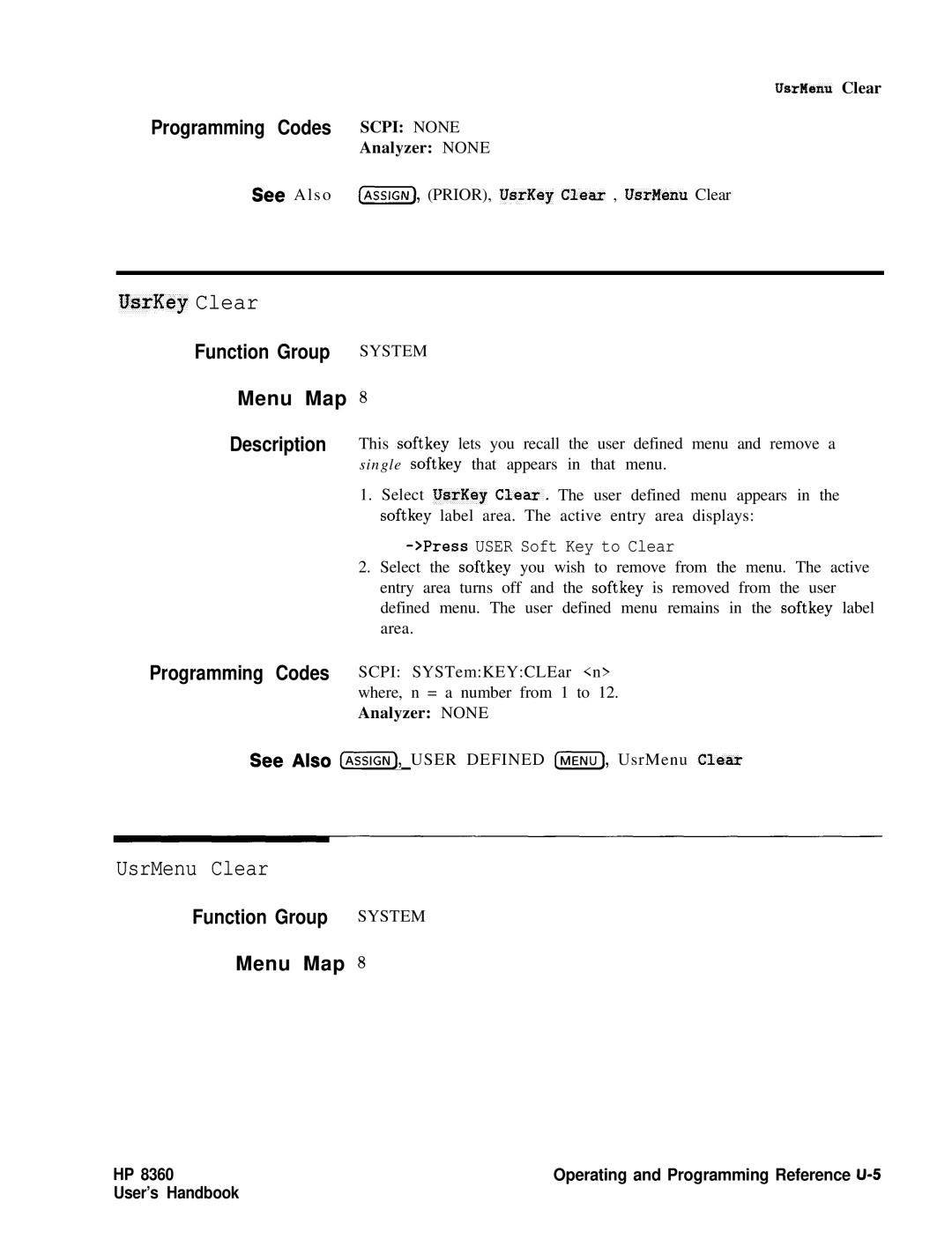 HP 24A, 83620A, 22A manual UsrKey Clear, UsrMenu Clear 