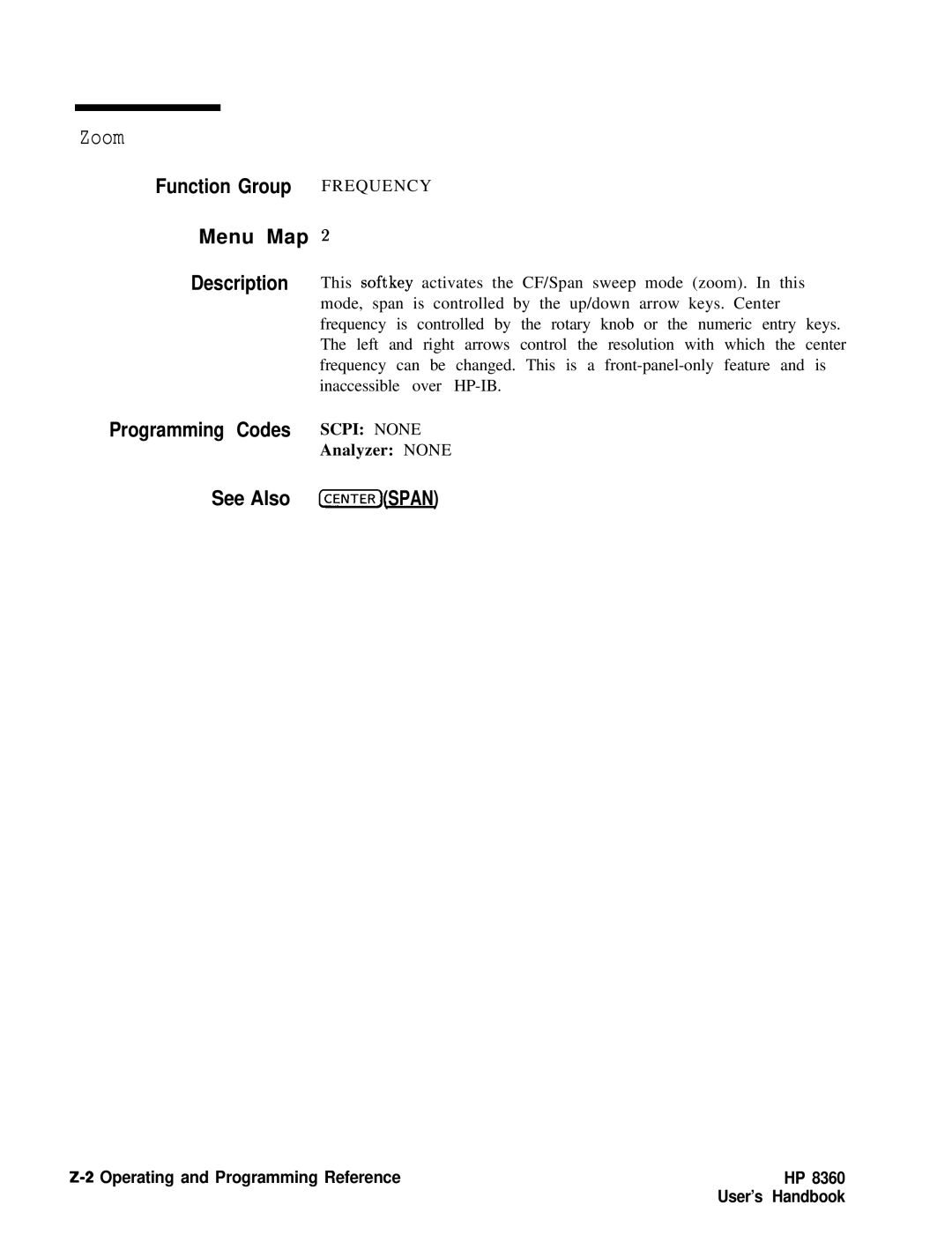 HP 24A, 83620A, 22A manual Zoom, See Also m,SPAN, 2Operating and Programming Reference 