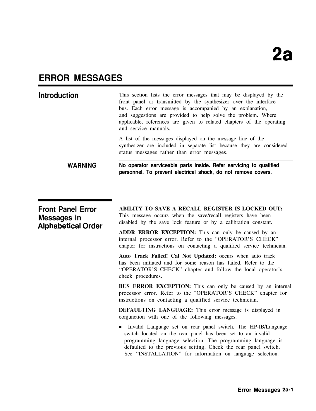 HP 22A, 83620A, 24A manual Introduction Front Panel Error Messages AlDhabetical.Order, Error Messages 2a-1 