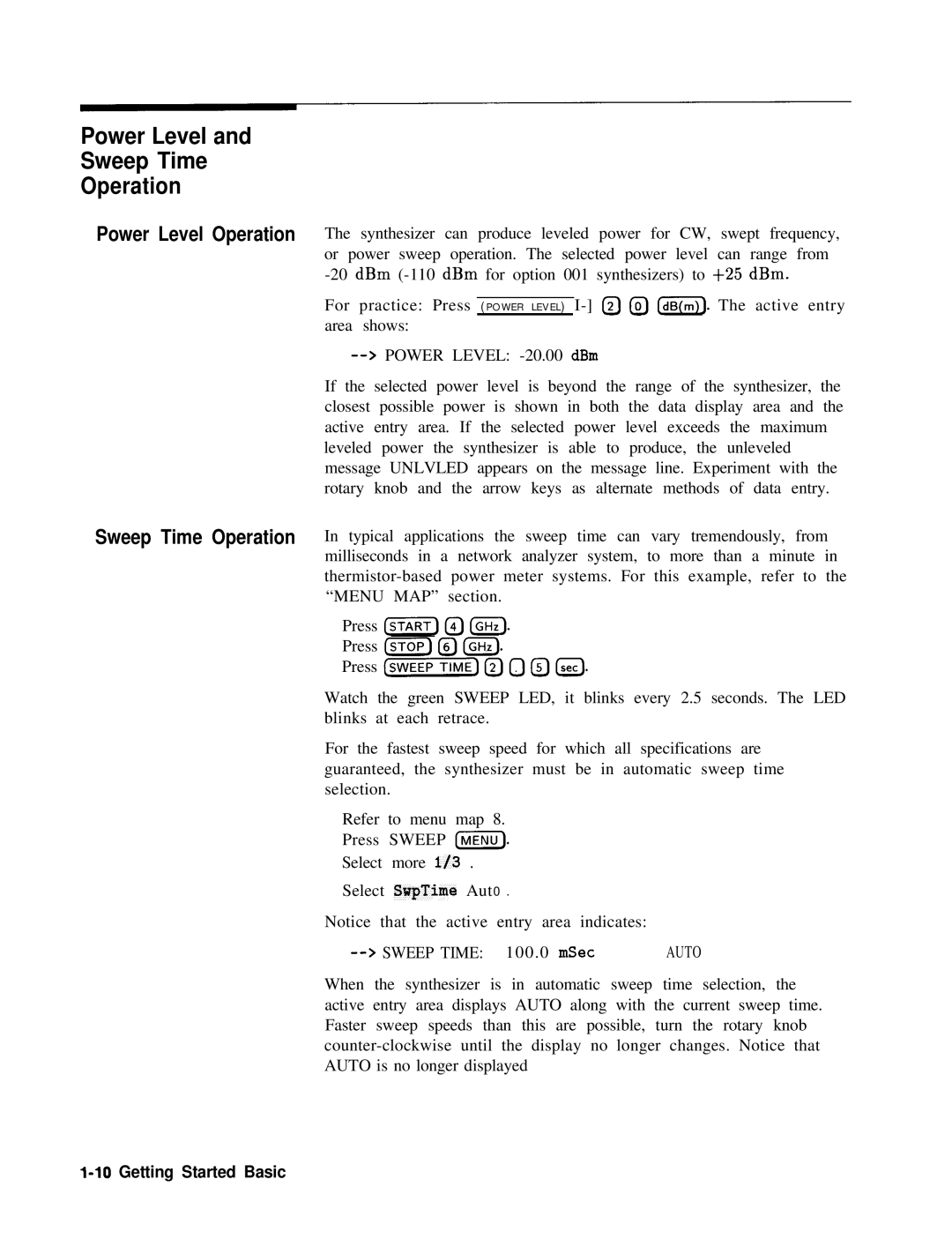 HP 24A, 83620A, 22A manual Power Level Sweep Time Operation, Power Level Operation 