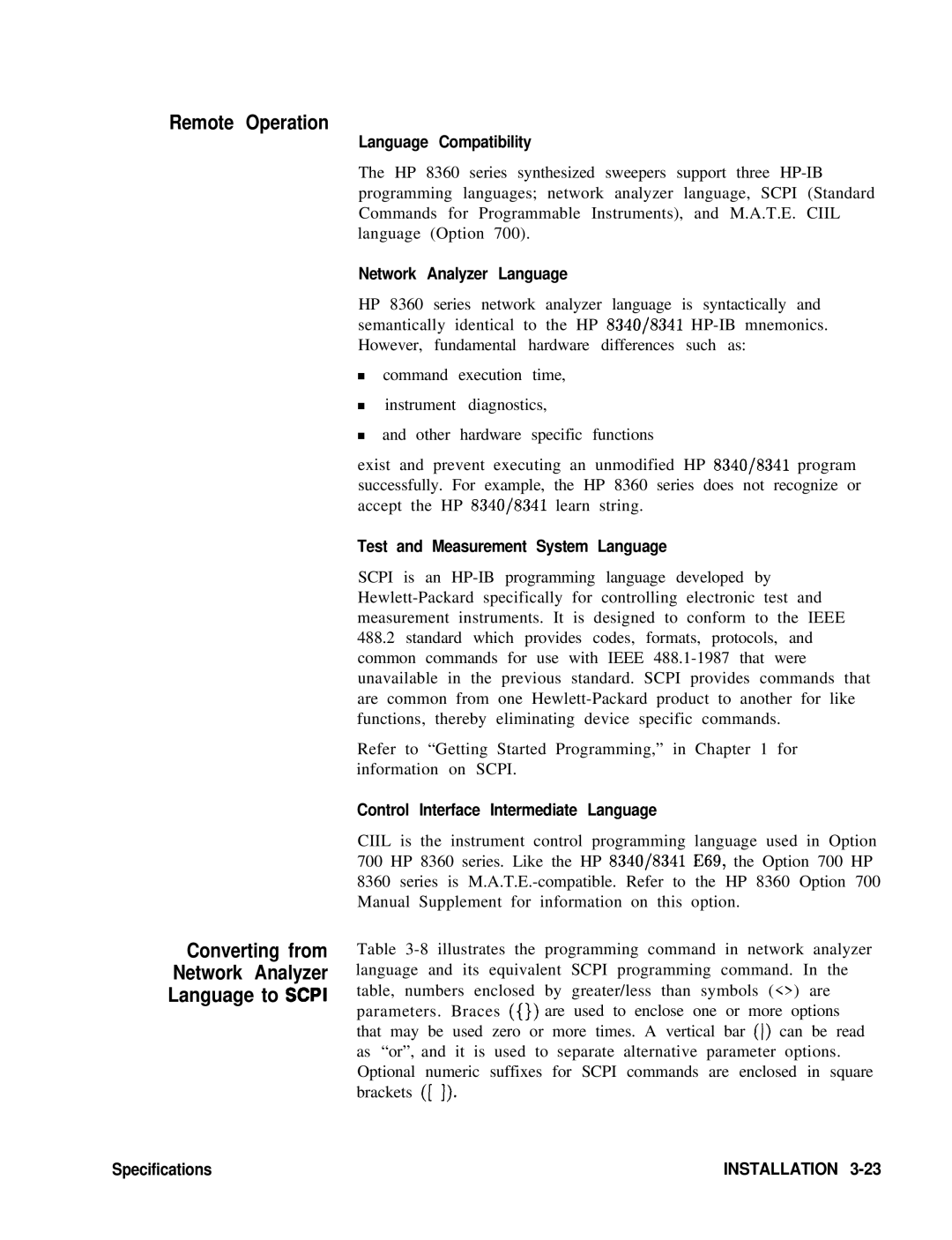 HP 83620A, 24A, 22A manual Remote Operation, Converting from Network Analyzer Language to Scpi 