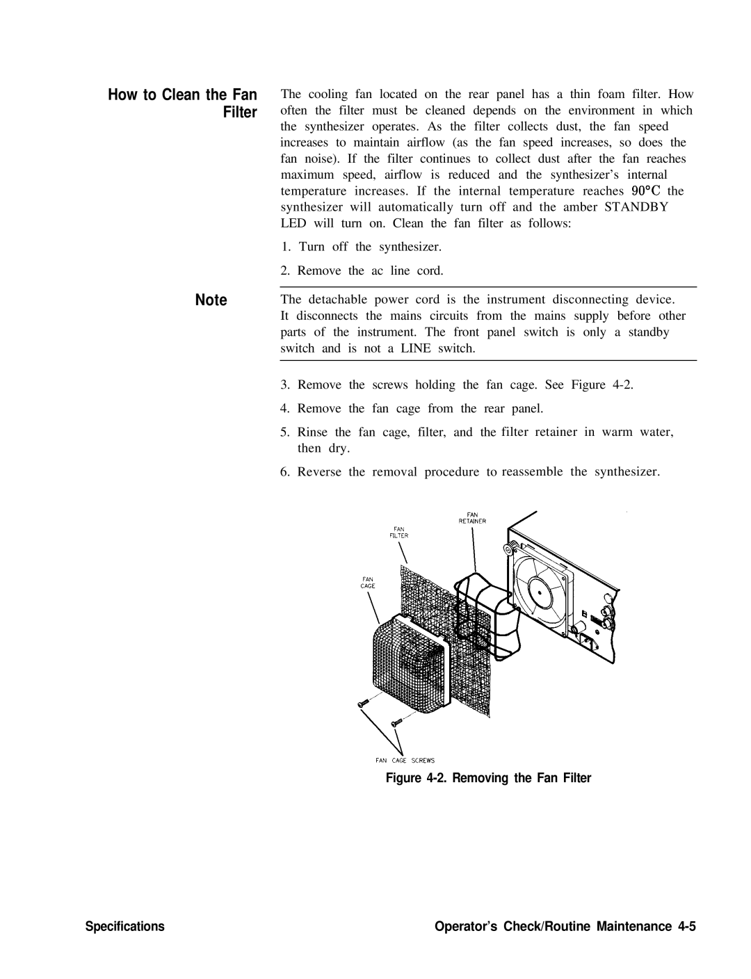 HP 22A, 83620A, 24A manual How to Clean the Fan Filter, Removing the Fan Filter Specifications 