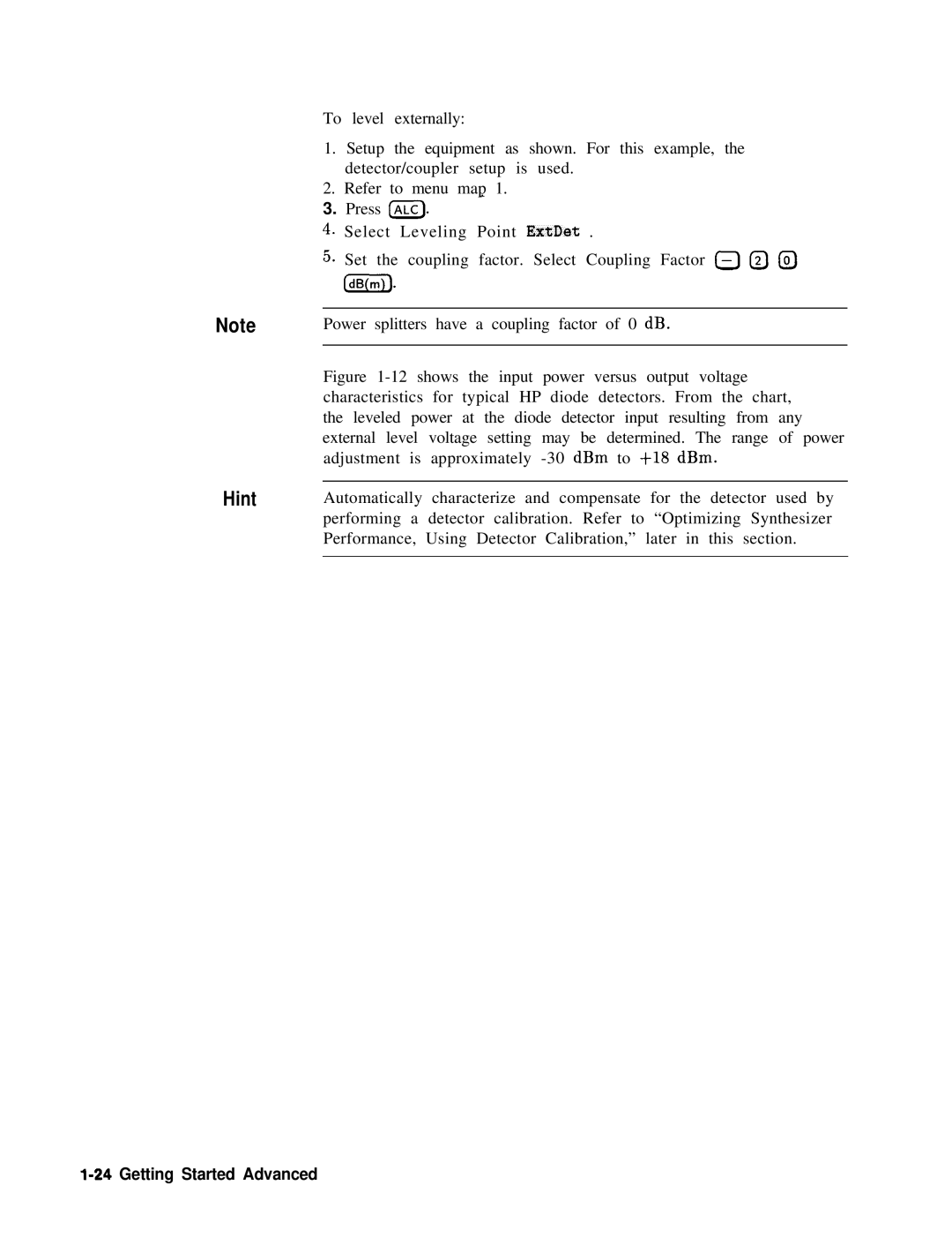 HP 83620A, 24A, 22A manual Hint, shows the input power versus output voltage 