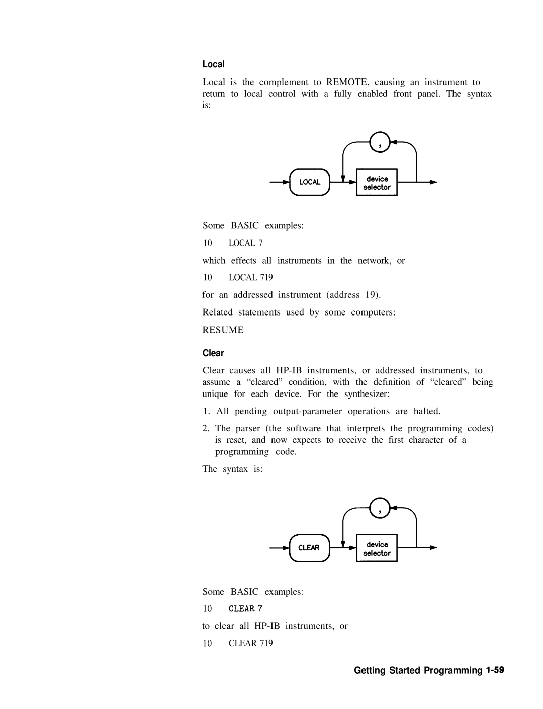 HP 22A, 83620A, 24A manual Local, Clear, CLEAR7, Getting Started Programming l-59 