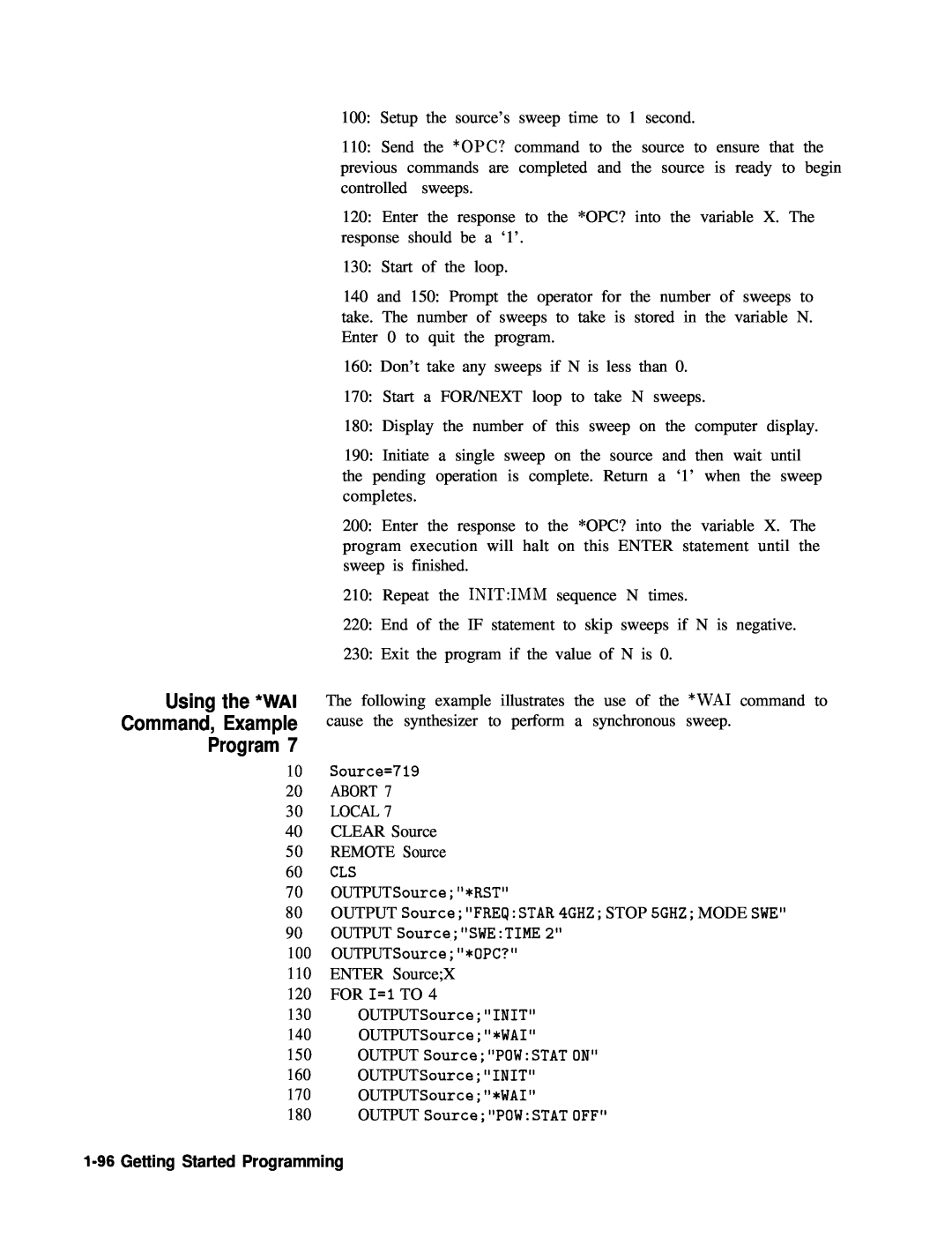 HP 83620A, 24A, 22A manual Using the *WAI Command, Example Program, l-96 Getting Started Programming 