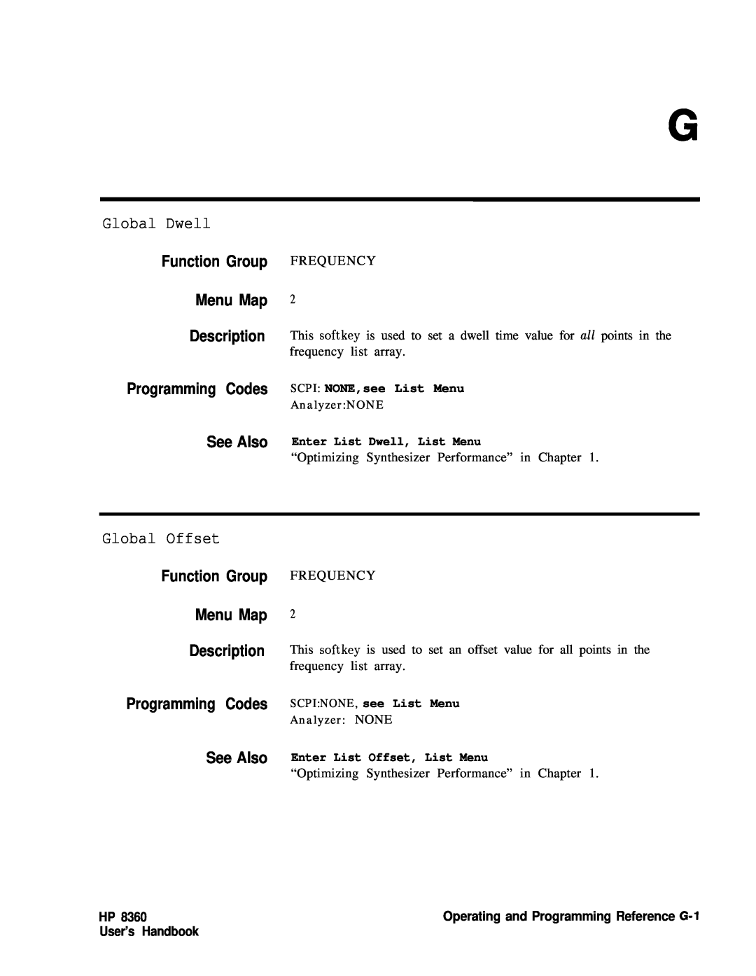 HP 24A, 22A Global Dwell, Global Offset, Function Group Menu Map Description Programming Codes See Also, User’s Handbook 
