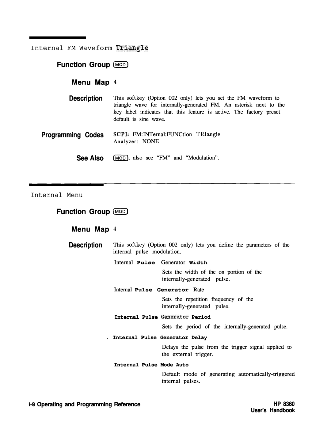 HP 22A Internal FM Waveform Triangle, Internal Menu, Function Group IhnoD Menu Map, Function Group MOD Menu Map, User’s 