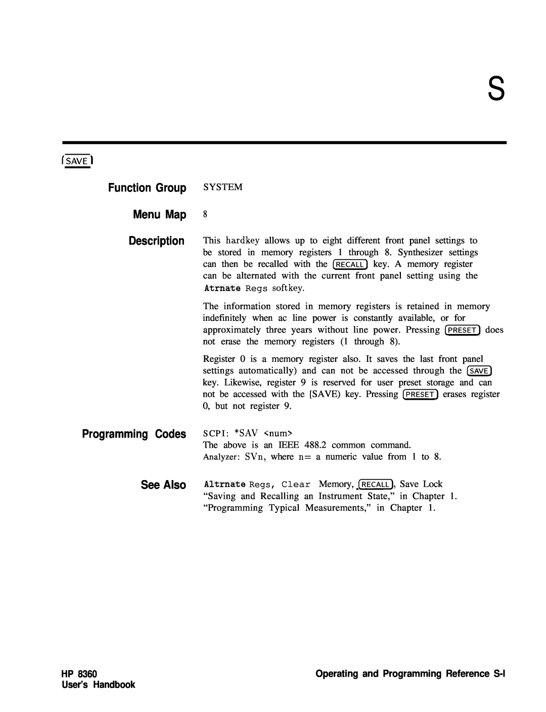 HP 83620A, 24A Programming Codes SCPI *SAV num, Function Group Menu Map Description, Atrnate Regs softkey, User’s Handbook 