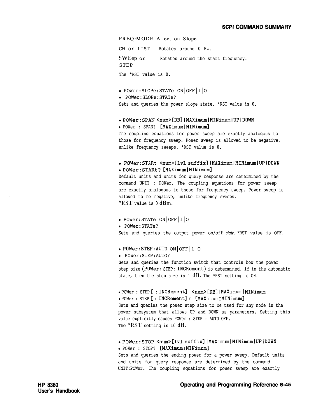 HP 24A HP User’s Handbook, Scpi Command Summary, CW or LIST Rotates around 0 Hz, Operating and Programming Reference S-45 
