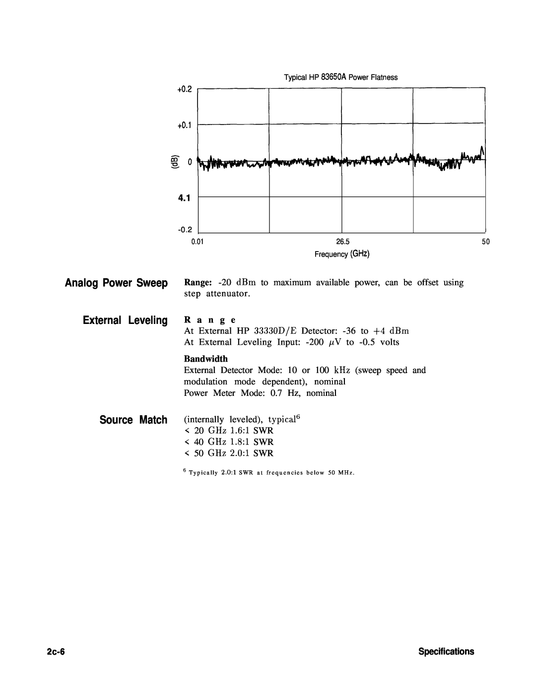 HP 24A, 83620A, 22A manual Analog Power Sweep External Leveling Source Match, R a n g e, Bandwidth, 2c-6 