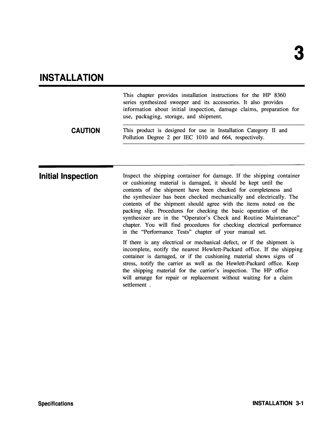 HP 22A, 83620A, 24A manual Installation, Initial Inspection, Specifications 