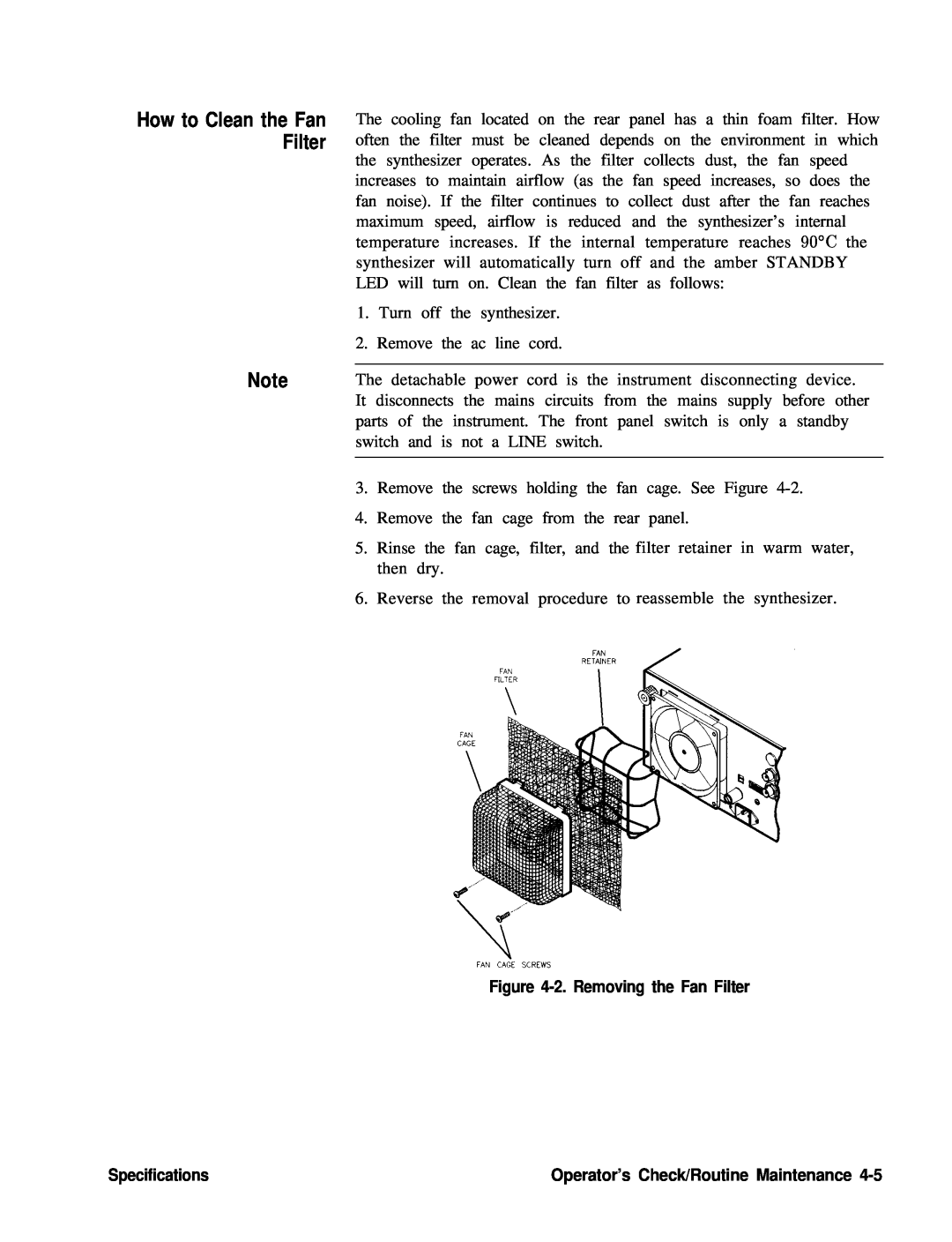 HP 22A, 83620A, 24A manual How to Clean the Fan Filter, 2. Removing the Fan Filter, Specifications, Fan Cage Screws 