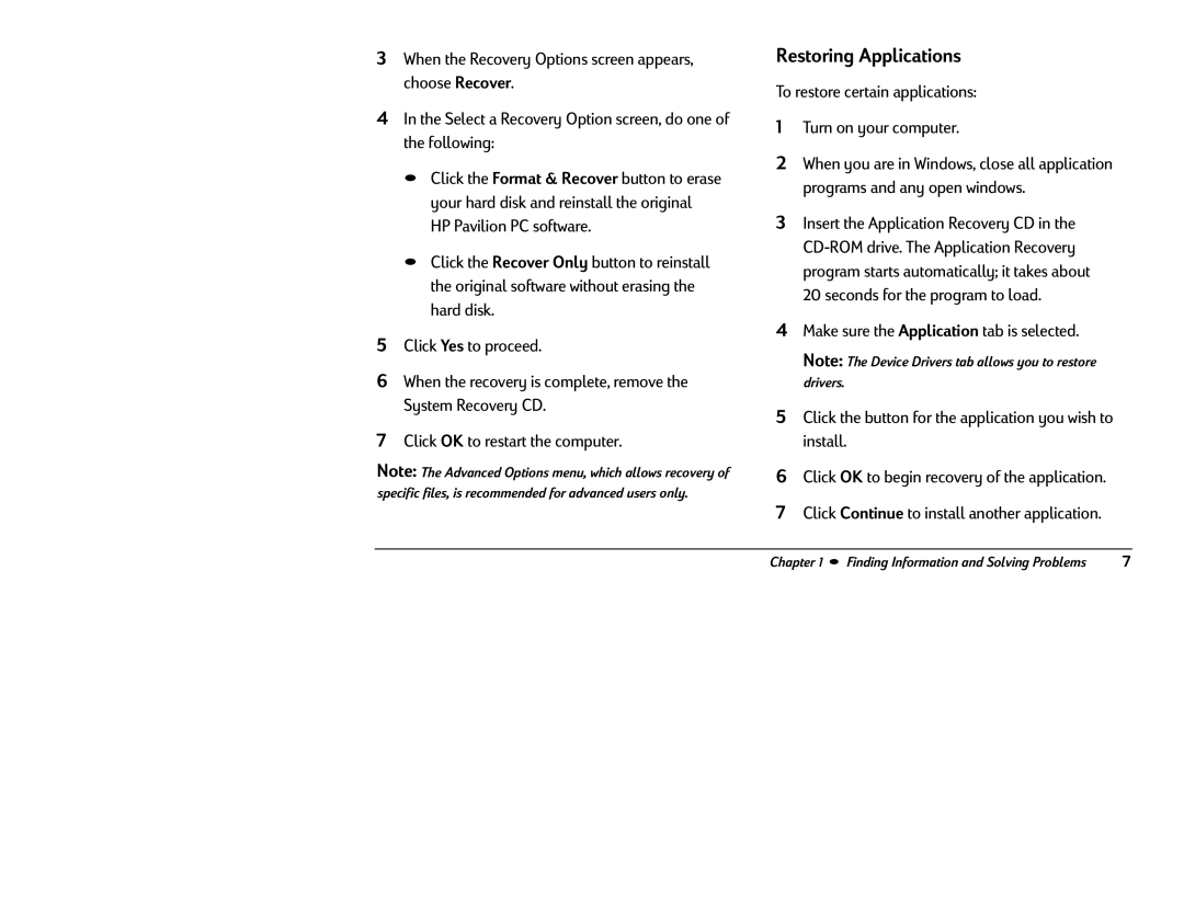 HP 8370 (US/CAN), 8380 (US/CAN) manual Restoring Applications, To restore certain applications Turn on your computer 