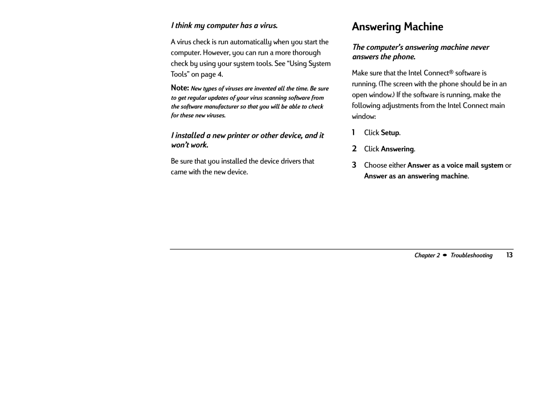 HP 8370 (US/CAN) Answering Machine, Think my computer has a virus, Computer’s answering machine never answers the phone 