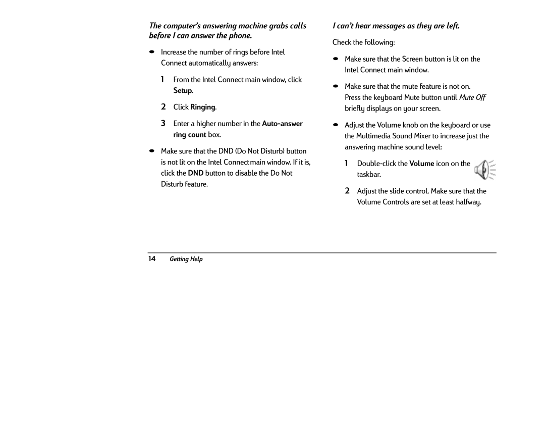 HP 8380 (US/CAN), 8370 (US/CAN) manual Can’t hear messages as they are left, Double-click the Volume icon on the taskbar 