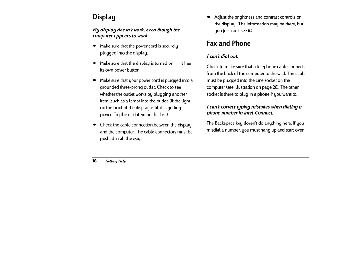 HP 8380 (US/CAN), 8370 (US/CAN) manual Display, Fax and Phone, Can’t dial out 