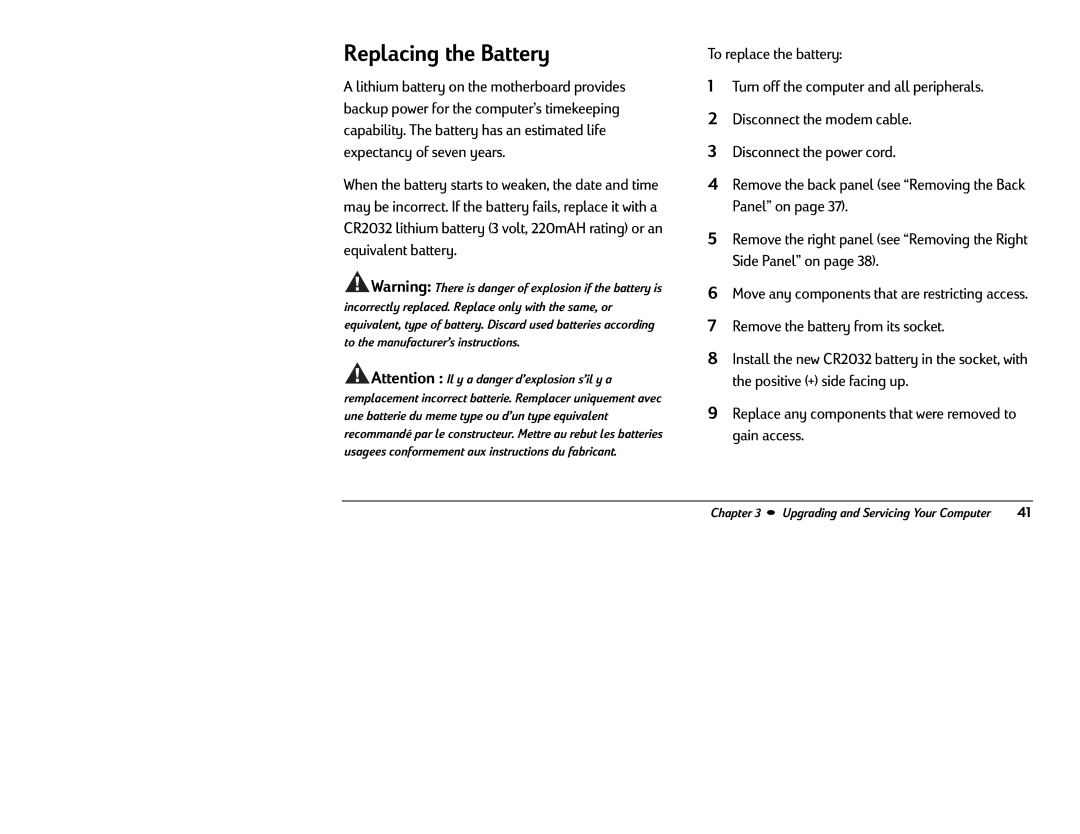 HP 8370 (US/CAN), 8380 (US/CAN) manual Replacing the Battery 