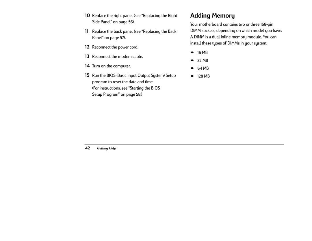 HP 8380 (US/CAN), 8370 (US/CAN) manual Adding Memory, 16 MB 32 MB 64 MB 128 MB 