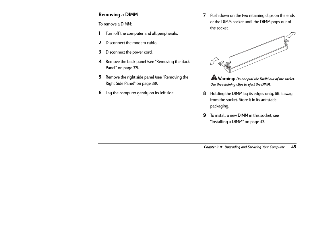 HP 8370 (US/CAN), 8380 (US/CAN) manual Removing a Dimm 