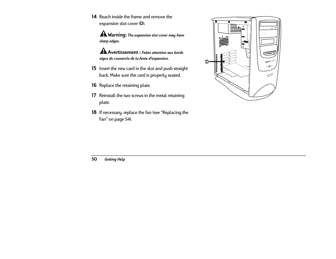 HP 8380 (US/CAN), 8370 (US/CAN) manual Reach inside the frame and remove the expansion slot cover D 