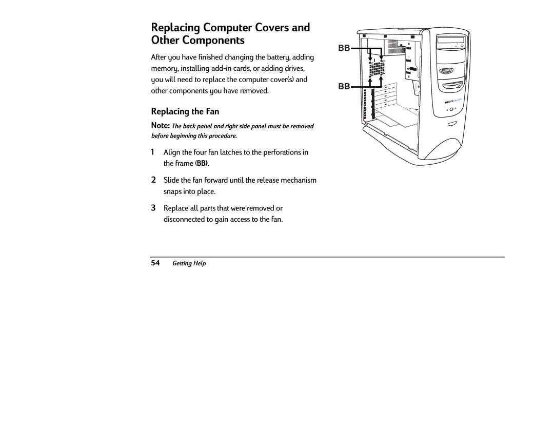 HP 8380 (US/CAN), 8370 (US/CAN) manual Replacing Computer Covers and Other Components, Replacing the Fan 