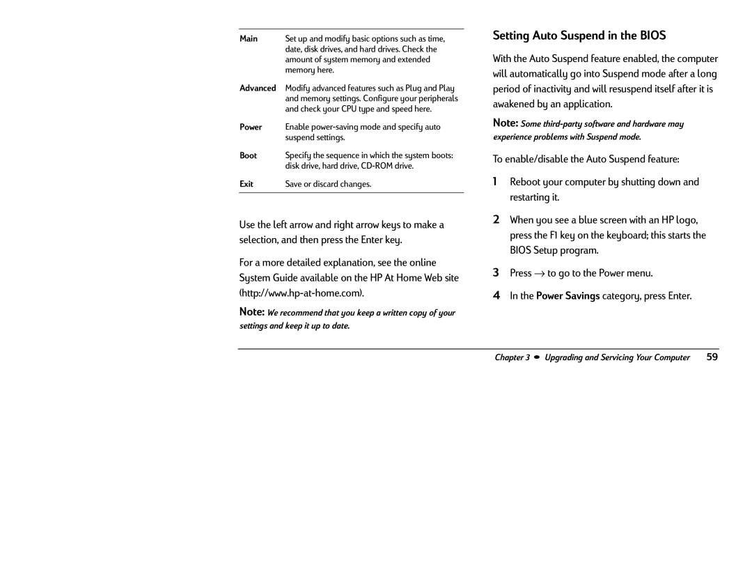 HP 8370 (US/CAN), 8380 (US/CAN) manual Setting Auto Suspend in the Bios, Main 